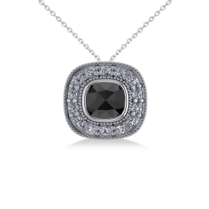 Black Diamond and Diamond Halo Cushion Pendant Necklace 14k White Gold 1.26ct - All