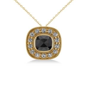 Black Diamond and Diamond Halo Cushion Pendant Necklace 14k Yellow Gold 1.26ct - All