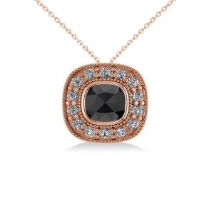 Black Diamond and Diamond Halo Cushion Pendant Necklace 14k Rose Gold 1.26ct - All