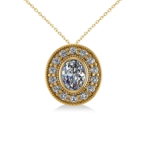 Diamond Halo Oval Pendant Necklace 14k Yellow Gold 1.18ct - All