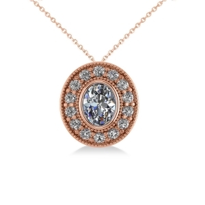 Diamond Halo Oval Pendant Necklace 14k Rose Gold 1.18ct - All