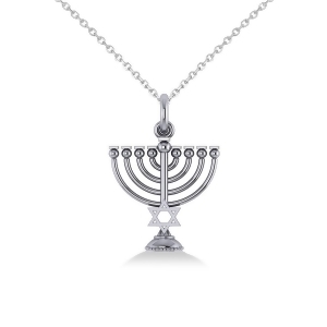 Star of David Menorah Pendant Necklace 14k White Gold - All
