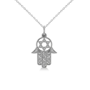 Star of David Hamsa Pendant Necklace 14k White Gold - All