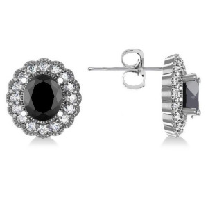 Black Diamond and Diamond Floral Oval Earrings 14k White Gold 4.68ct - All
