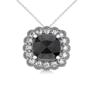Black Diamond and Diamond Floral Cushion Pendant Necklace 14k White Gold 2.52ct - All