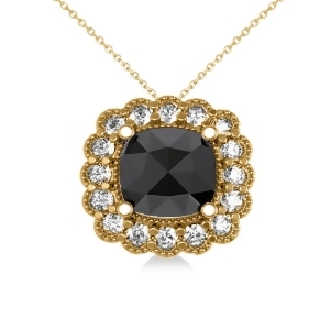 Black Diamond and Diamond Floral Cushion Pendant Necklace 14k Yellow Gold 2.52ct - All