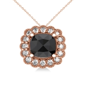 Black Diamond and Diamond Floral Cushion Pendant Necklace 14k Rose Gold 2.52ct - All