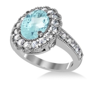 Aquamarine and Diamond Oval Halo Engagement Ring 14k White Gold 3.28ct - All