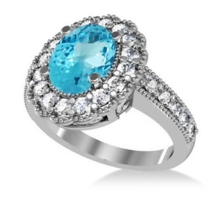 Blue Topaz and Diamond Oval Halo Engagement Ring 14k White Gold 3.28ct - All
