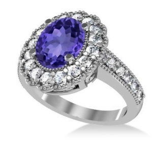 Tanzanite and Diamond Oval Halo Engagement Ring 14k White Gold 3.28ct - All