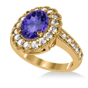 Tanzanite and Diamond Oval Halo Engagement Ring 14k Yellow Gold 3.28ct - All