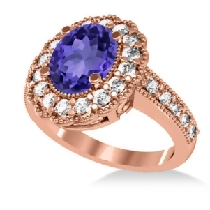 Tanzanite and Diamond Oval Halo Engagement Ring 14k Rose Gold 3.28ct - All