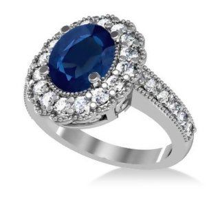 Blue Sapphire and Diamond Oval Halo Engagement Ring 14k White Gold 3.28ct - All