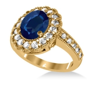 Blue Sapphire and Diamond Oval Halo Engagement Ring 14k Yellow Gold 3.28ct - All