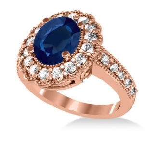 Blue Sapphire and Diamond Oval Halo Engagement Ring 14k Rose Gold 3.28ct - All