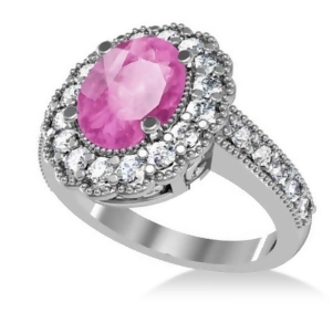 Pink Sapphire and Diamond Oval Halo Engagement Ring 14k White Gold 3.28ct - All