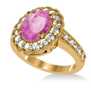 Pink Sapphire and Diamond Oval Halo Engagement Ring 14k Yellow Gold 3.28ct - All