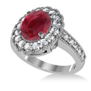 Ruby and Diamond Oval Halo Engagement Ring 14k White Gold 3.28ct - All