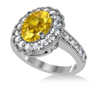 Yellow Sapphire and Diamond Oval Halo Engagement Ring 14k White Gold 3.28ct - All