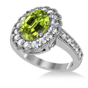 Peridot and Diamond Oval Halo Engagement Ring 14k White Gold 3.28ct - All