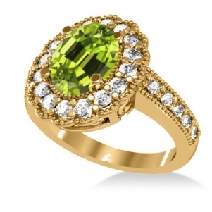 Peridot and Diamond Oval Halo Engagement Ring 14k Yellow Gold 3.28ct - All