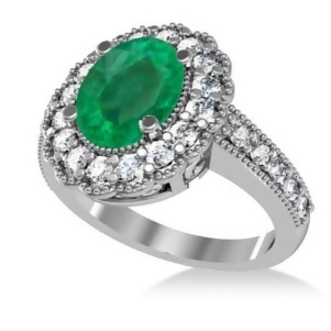 Emerald and Diamond Oval Halo Engagement Ring 14k White Gold 3.28ct - All