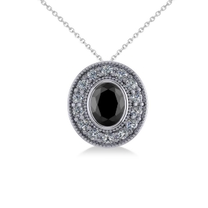 Black Diamond and Diamond Halo Oval Pendant Necklace 14k White Gold 1.18ct - All