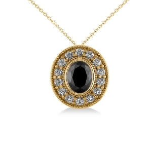 Black Diamond and Diamond Halo Oval Pendant Necklace 14k Yellow Gold 1.18ct - All