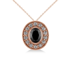 Black Diamond and Diamond Halo Oval Pendant Necklace 14k Rose Gold 1.18ct - All