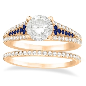 Blue Sapphire and Diamond 3 Row Bridal Set 14k Rose Gold 0.47ct - All
