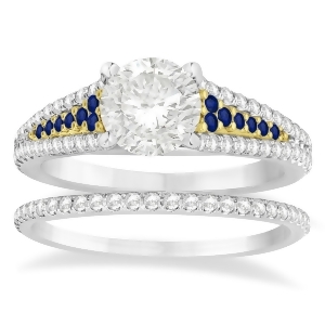 Blue Sapphire and Diamond 3 Row Bridal Set 18k Two Tone Gold 0.47ct - All