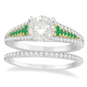 Emerald and Diamond 3 Row Bridal Set 14k Two Tone Gold 0.47ct - All