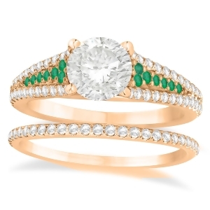 Emerald and Diamond 3 Row Bridal Set 14k Rose Gold 0.47ct - All