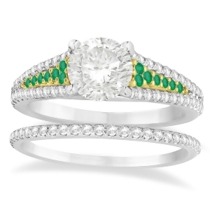 Emerald and Diamond 3 Row Bridal Set 18k Two Tone Gold 0.47ct - All