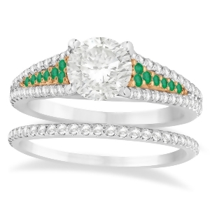 Emerald and Diamond 3 Row Bridal Set 18k Rose Gold 0.47ct - All