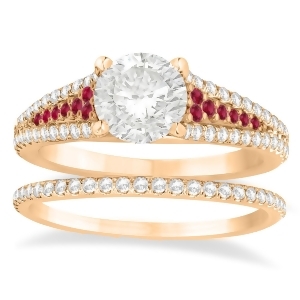 Ruby and Diamond 3 Row Bridal Set 14k Rose Gold 0.47ct - All