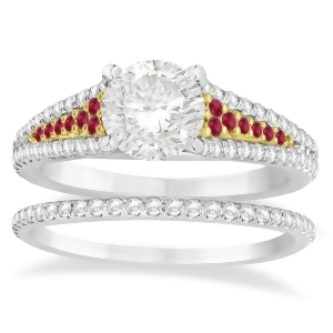 Ruby and Diamond 3 Row Bridal Set 18k Two Tone Gold 0.47ct - All