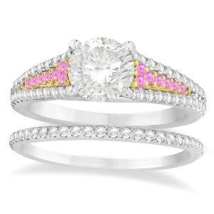 Pink Sapphire and Diamond 3 Row Bridal Set 14k Two Tone Gold 0.47ct - All