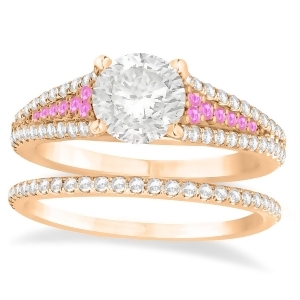 Pink Sapphire and Diamond 3 Row Bridal Set 14k Rose Gold 0.47ct - All
