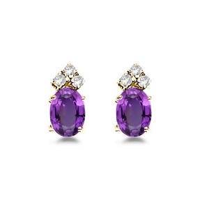 Oval Amethyst and Diamond Stud Earrings 14k Yellow Gold 1.24ct - All