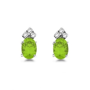 Oval Peridot and Diamond Stud Earrings 14k White Gold 1.24ct - All