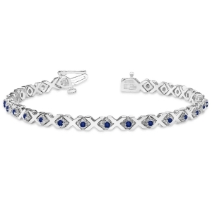 Blue Sapphire Xoxo Chained Line Bracelet 14k White Gold 1.50ct - All