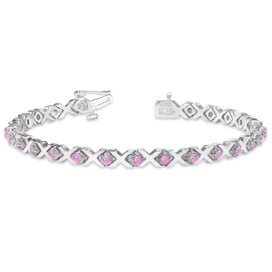 Pink Sapphire Xoxo Chained Line Bracelet 14k White Gold 1.50ct - All