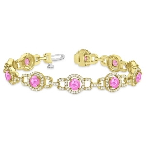 Pink Sapphire Halo Luxury Link Bracelet 18k Yellow Gold 8.00ct - All