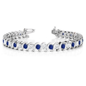 Blue Sapphire and Diamond Tennis S Link Bracelet 18k White Gold 6.00ct - All