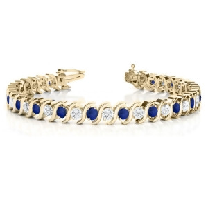 Blue Sapphire and Diamond Tennis S Link Bracelet 18k Yellow Gold 6.00ct - All