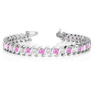 Pink Sapphire and Diamond Tennis S Link Bracelet 18k White Gold 6.00ct - All
