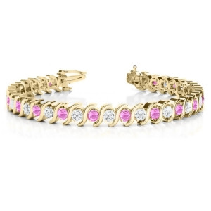 Pink Sapphire and Diamond Tennis S Link Bracelet 18k Yellow Gold 6.00ct - All