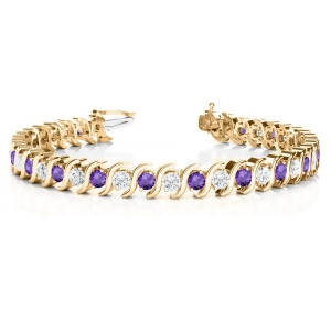 Amethyst and Diamond Tennis S Link Bracelet 18k Yellow Gold 6.00ct - All