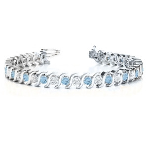 Aquamarine and Diamond Tennis S Link Bracelet 18k White Gold 6.00ct - All